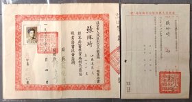 1951年6月，北京人民政府公共卫生局护士职业证书，局长严镜清，副局长张文奇签发，另附一张卫生局准领职业证书批示，证书主人为北京协和医院护士。