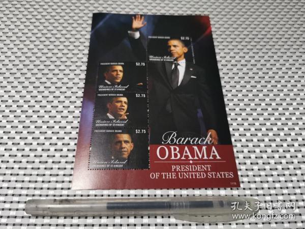 外国邮票-union Jsland发行美国总统奥巴马小全张邮票正品稀见经典纪念珍藏