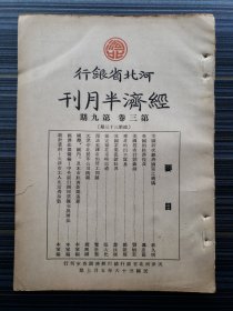 民国期刊《河北省银行经济半月刊，第三卷第9期》收录：保定棉花市场巡礼 张大化，美国研究经济国策之机构 林久明，华北的出口贸易 郑振声，英国的经济复员 冯忠荫，我国茶叶产销状况 詹汝珊，美国援希计画蠡测 刘炳若，漫谈天津市的劳工问题 霍世奋，天津华北制革公司概观 赵兴国，经济法规汇编:中央银行办理票据交换办法