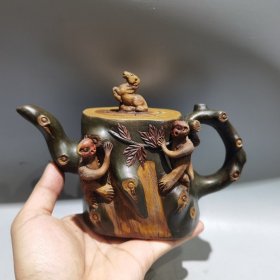 宜兴老式马上封侯陈鸣远怀旧手工泡茶库存家用茶壶摆设观赏紫砂壶420毫升
