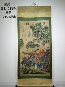 黄公望款，手绘山水亭阁图一幅，纸本立轴，六尺中堂。