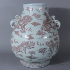 旧藏清三代青花釉面红堆雕九狮福同瓶尺寸高44.5厘米口16.5厘米底24厘米