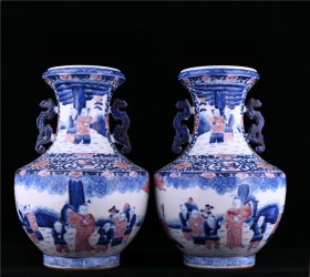 古瓷器古董古玩文玩收藏清康熙荣锦堂制青花釉里红婴戏纹对瓶