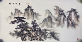 烟云观瀑，很有意境，写意画法，皴法点染，山东省美协菅兰鹏老师的大作，云雾刻画的非常漂亮，老师本人亲笔纯手绘作品，假一赔万，支持三方鉴定，实际画的比照片拍出来要漂亮的多，笔法苍劲有力，行云流水。1.38米×70公分的，四尺整张的，家里客厅，沙发背景墙，书房，茶室都可悬挂，很有意境的一幅画。