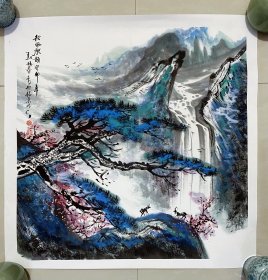 山水画，泼彩山水，写意画法，真人真迹纯手绘作品，国家一级美术师，山东省美协刘铸泰老师的原创大作，本人承诺假一赔万，支持第三方鉴定。老师的泼彩山水创作很有意境，书法和国画双修的一位老师，看整体构图，画的很灵动，看整体意境，有点禅意味道。尺寸：70×70公分，四尺斗方的，家里客厅，卧室，书房，茶室，玄关都可悬挂！