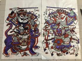 八十年代木版年画 赵公明（27×48）cm 一对 有些朱仙镇的拙朴味道，品相自鉴。
