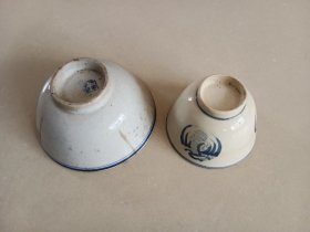 民国残碗残杯 一起价格，团鹤纹杯冲线口沿磕碰 胶东出品款碗冲线口沿磕残