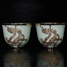 大明宣德豆青釉包铜杯 古玩古董古瓷器老货收藏