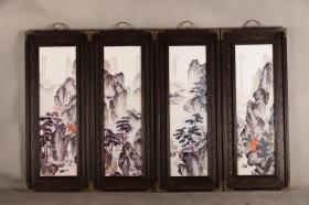 红木包铜皮框镶墨彩山水瓷板画挂屏一组《江山如画》