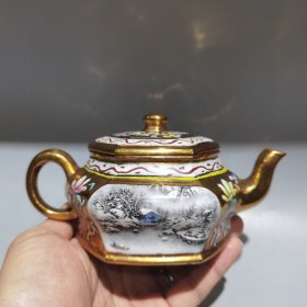 旧藏紫砂壶描金六方彩绘壶中国宜兴精工班