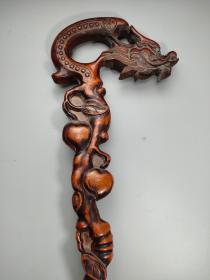 木雕民间收藏老物件旧货桃木精雕龙头寿桃拐杖一把