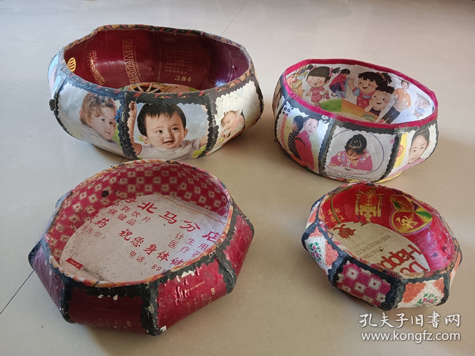 手工纸糊针线盒子 四个一起价格 直径分别13/16/21/26