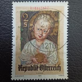 ox0221外国邮票奥地利1971年 圣诞节 童年 丢勒绘画 彩雕版 信销 1全 邮戳随机