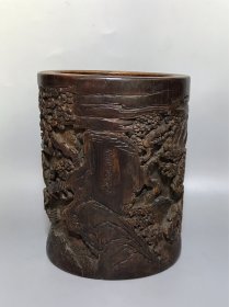 现代竹刻家 盛丙云 雕刻满工竹雕笔筒 高15.5，宽12.5cm 雕刻精美文房佳品