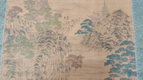 回流字画：南画大名家：田能村竹田，竹田生，松下研经图，文政丙戊写于砚田农舍，画工细致极精之作，大幅绢本设色山水立轴，，原装绫裱，整幅199*53.8画心136*40.8