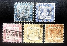 信25德国巴登1862-65年邮票8枚（含6kr、9kr分色）。徽章徽志。上品信销。2015年斯科特目录391美元。
