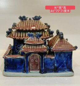 美品.精工细作青花红釉刻瓷镂雕中式古建筑摆件