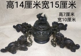 珍藏墨玉香炉五链，质地如玉，细腻温润，生动形象，包浆厚重，品相如图。墨玉总重1.68公斤，