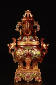 珍藏旧藏清代花丝镶嵌老玛瑙香炉，精工镶嵌，玛瑙颜色正，实物更精美 重666克，高23厘米，宽13厘米