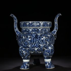 明永乐青花海水江崖纹三足双耳炉 57*55厘米