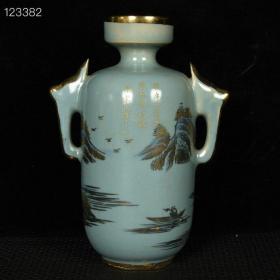 宋汝瓷崇宁元年清凉寺御制青釉加彩描金山水纹双耳盘口瓶