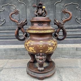 旧藏紫铜鎏金腾龙戏珠三足大熏香炉，长85厘米宽45厘米高102厘米，重约200斤左右，