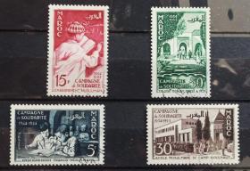 法属摩洛哥1955年发行的教育兴邦，全套四枚，雕刻版，信销票，品相非常好。目录价5美元。