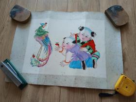 七八十年代 木板水印 杨柳青 童子凤凰   原装旧裱 一张 画心  尺寸 23.5乘31.5厘米 不算裱工