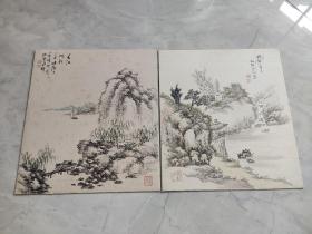 清代彩绘春江帆影山水人物图书画小品2幅