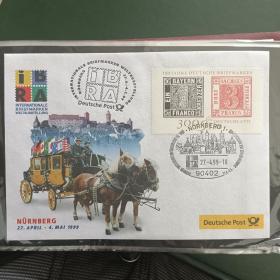 F17115外国信封 99年德国巴伐利亚州纽伦堡国际邮展首日封 贴 德国邮票1999年 纽伦堡国际邮展 票中票小型张内芯 首日封