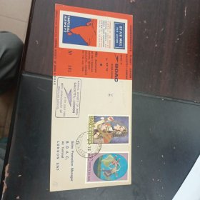 1973年印度发行加尔各答至伦敦航线开通40周年纪念搭载封一枚，盖航空公司纪念邮戳，贴2枚印度好票，非常少见邮品，市场价较高，本店邮品满25元包邮，本店还在孔网开“韶州邮社”