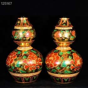 大元国至正元年宫廷御器太上皇宫金地五彩红绿彩缠枝牡丹花纹葫芦瓶 高44.5径23.6厘米2
