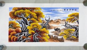 胡杨树，骆驼，胡杨礼赞，胡杨挂在家里宝地生金之意，很有意境，色彩构图非常漂亮，写意画法，皴法点染，纯手绘，假一赔万，终身保真，带老师合影，山东省美协会员尹成云老师的原创大作，实际画的比照片拍出来要漂亮的多，笔法苍劲有力，浓淡干湿焦，行云流水。尺寸1.4米×70公分，四尺整张的，家里客厅，沙发背景墙，书房，茶室，办公室，大厅都可悬挂，闭眼入，真的非常好看。