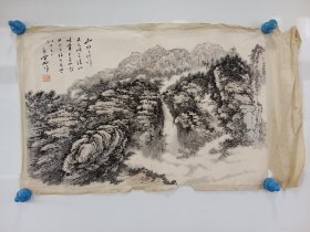 河北著名老画家吴云心，水墨手绘山水画横幅一副，老托片，品相稍差，尺寸55x35厘米，包老包真包手绘