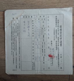 1959年安县太平鄉红光農業生产合作社【结婚登记申请书和证明书】稀见盖合作社章