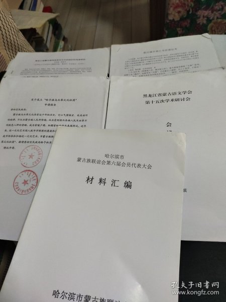 哈尔滨市蒙古族联谊会第六届会员代表大会材料汇编(24页) 黑龙江省蒙古语文学会第十五次学术研讨会会议手册(7页) 哈尔滨马头琴文化社团申请报告 郭后旗早期公爷府遣址考(4页) 黑龙江省蒙古族传统音乐文化的保护和传承研究(3页)