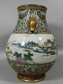 旧藏清乾隆古铜彩山水尊