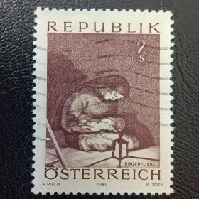 Ox0219外国邮票奥地利邮票1969年 圣诞节绘画圣母像母子像邮票 信销 1全 邮戳随机