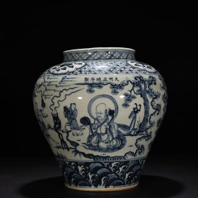 明正统青花八仙贺寿人物纹罐 33×31厘米
