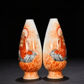 瓷器 民国竹溪道人王步矾红长眉罗汉玉米瓶 21*8厘米