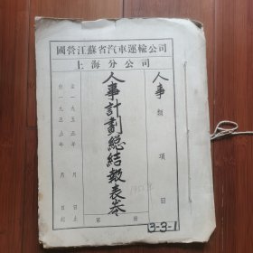 解放初期新中国交通运输第一手珍贵史料：1955年国营江苏省汽车运输公司上海分公司"人事计划总结报表"原始档案卷宗，共计95页。内有8份盖有大红印章的来往公函，有公司干部统计报表（干部学历、年龄、政治面貌等）另有上级部门关于人事制度的指导文件一一原汁原味的原始史料。