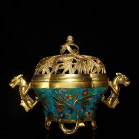 铜鎏金景泰蓝掐丝竹节熏香炉摆件 ， 尺寸：长20厘米 宽8厘米 高15.5厘米 重1007克