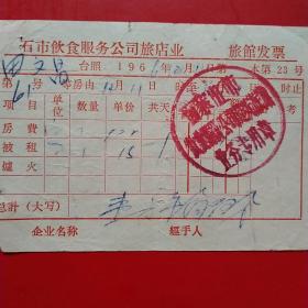1966年12月11日，石家庄市饮食服务公司旅馆业发票，住宿费（生日票据，宾馆住宿类票据）。（13-2）
