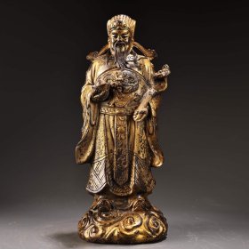 珍品旧藏收纯铜全铜高浮雕錾刻泥金站财神像一尊 重1600克 高24厘米 宽9.5厘米