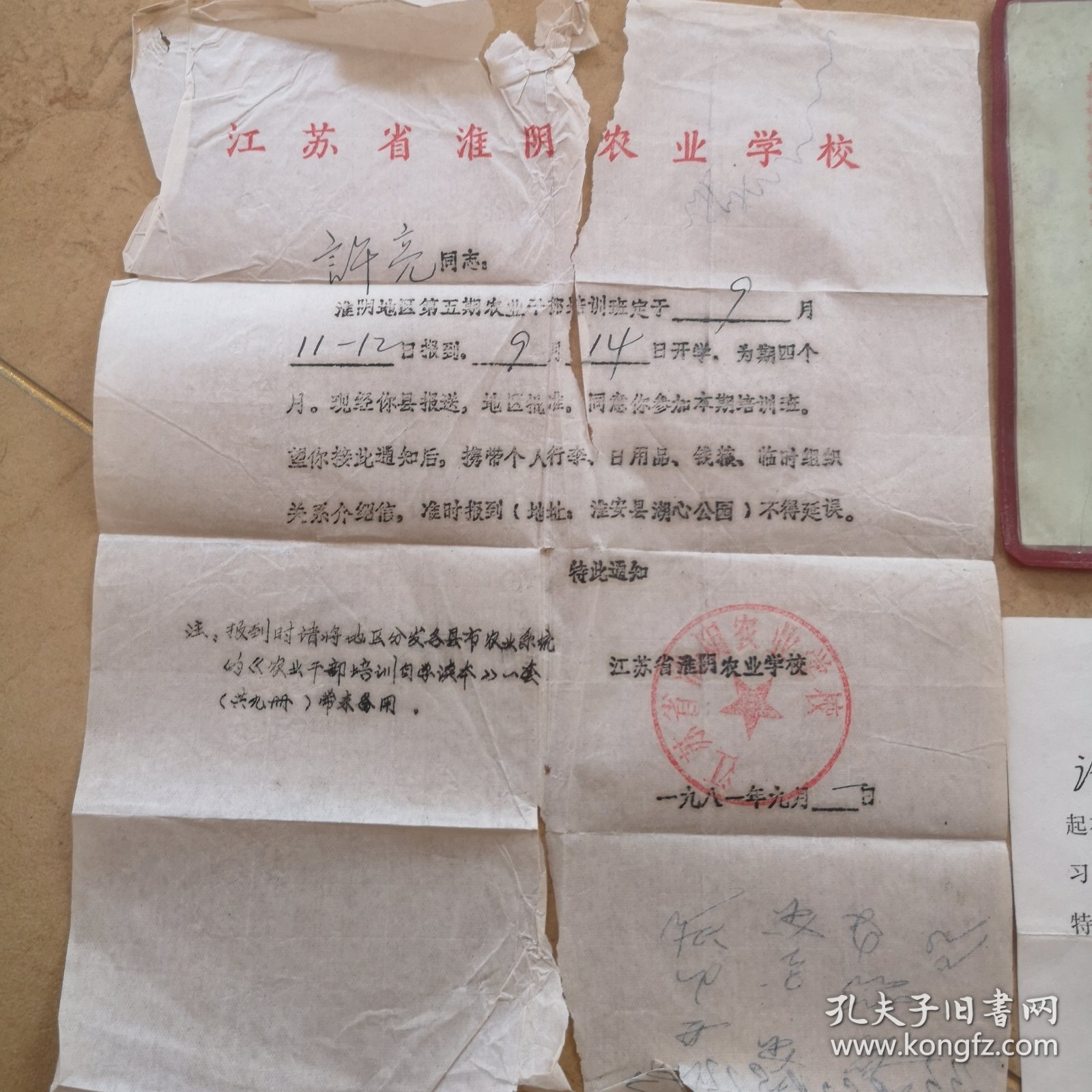 1981年，许亮（江苏省淮阴农业学校结业证书，成绩报告单）