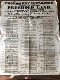 1833年3月25日 英国土地销售通知海报 56*44公分 稀少