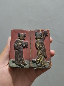清代人物木雕一对，