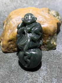 天然新疆和田青玉雕颗葫芦猴一个，