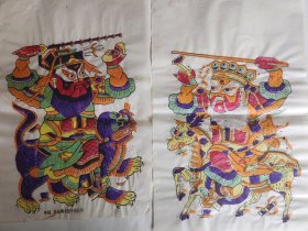 精品首现！！！朱仙镇木版年画社木刻木版年画版画*赵公明燃灯道人门神一对*带落款