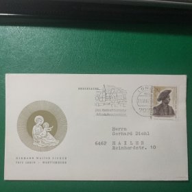德国邮票 西柏林 实寄封 1967年雕塑 青年男子的头像